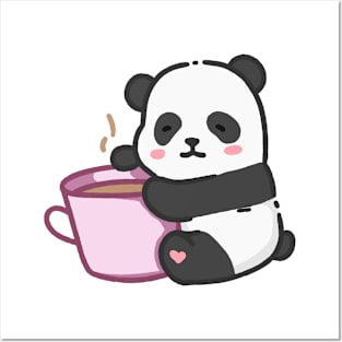 Panda bear hugging a cup of coffee Posters and Art